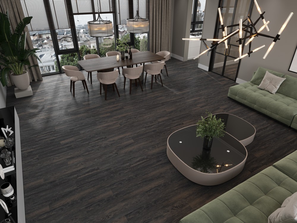 Кварцвиниловый SPC ламинат Cronafloor Nano Дуб Мореный ZH-81112-1 1200×180×3,5 фото в интерьере